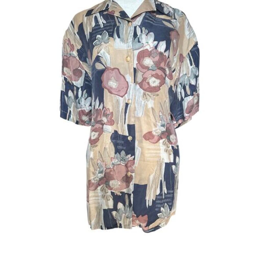 Stunt Collections‎ Vintage 100% Silk Floral Button Down Shirt Navy Tan Womens M
